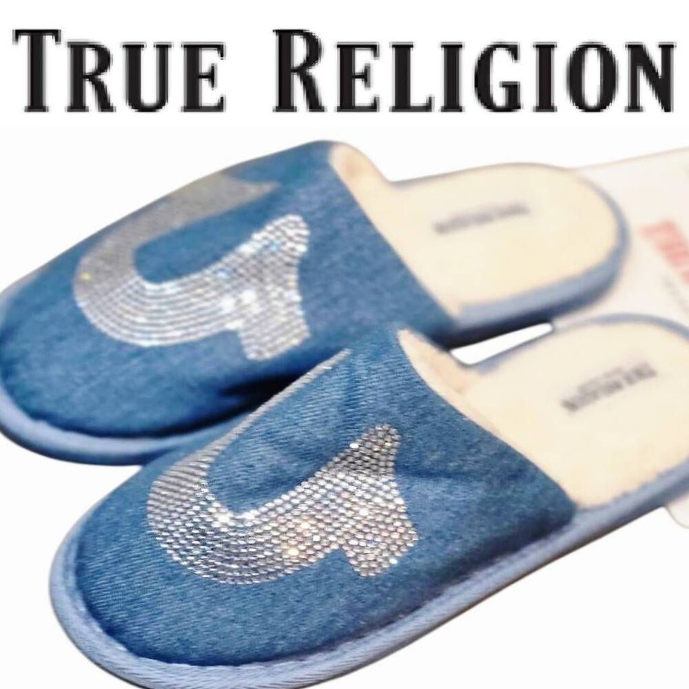 True Religion Rhinestone Horseshoe Logo Slip-On Denim Slippers